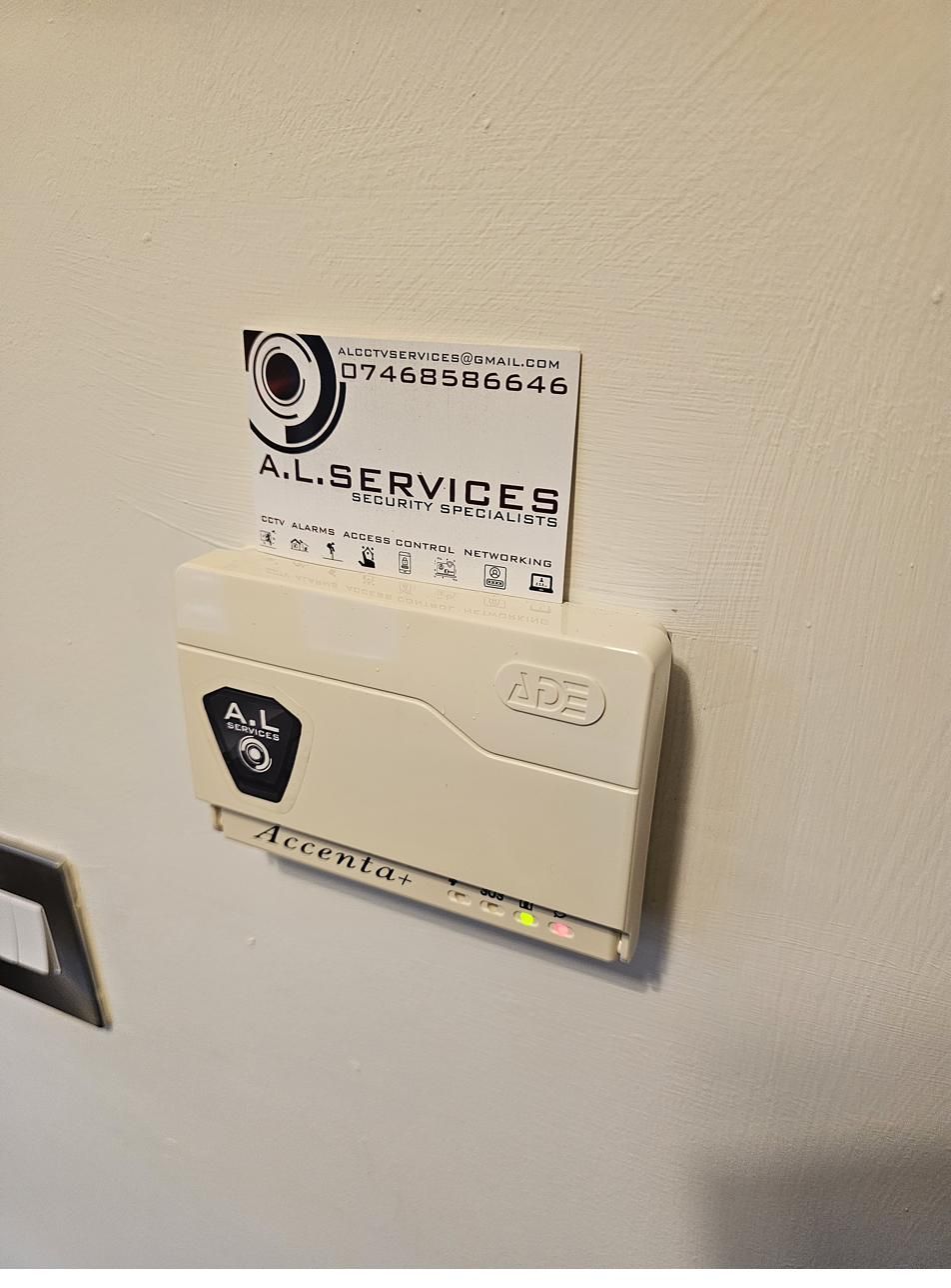 Accenta+ control panel with A.L Services branding and business card