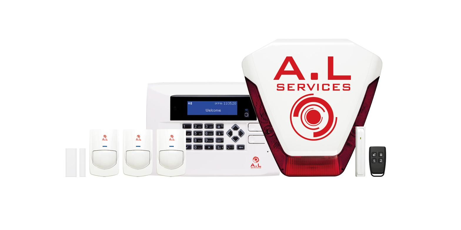 A.L Services wireless alarm kit — panel, PIR detectors, sounder, contacts and remote fob