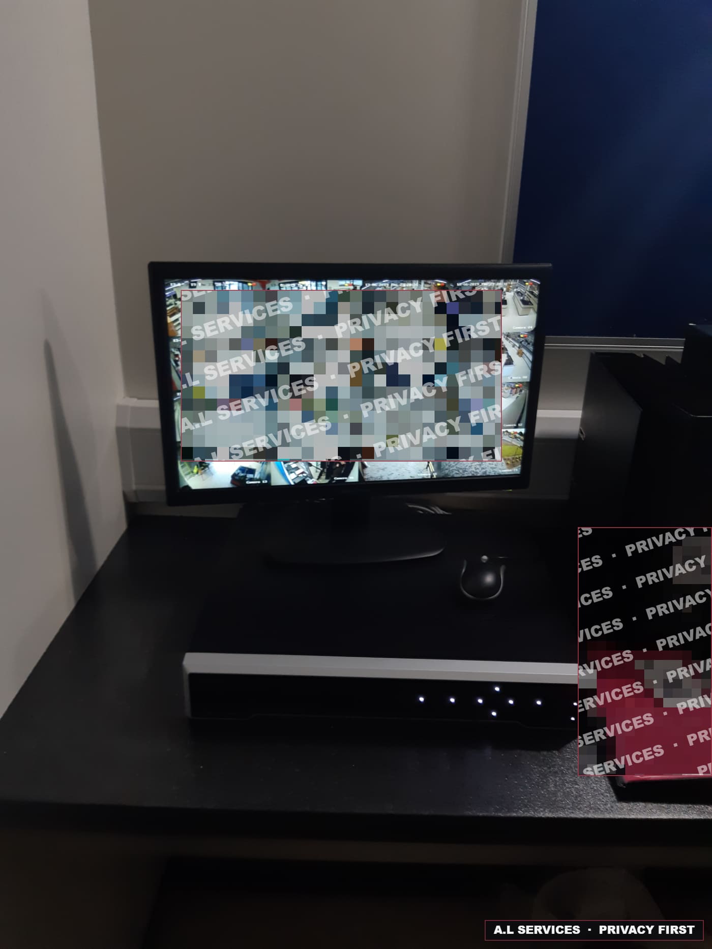 NVR recorder and monitor showing a multi-camera retail view, footage pixelated for customer privacy
